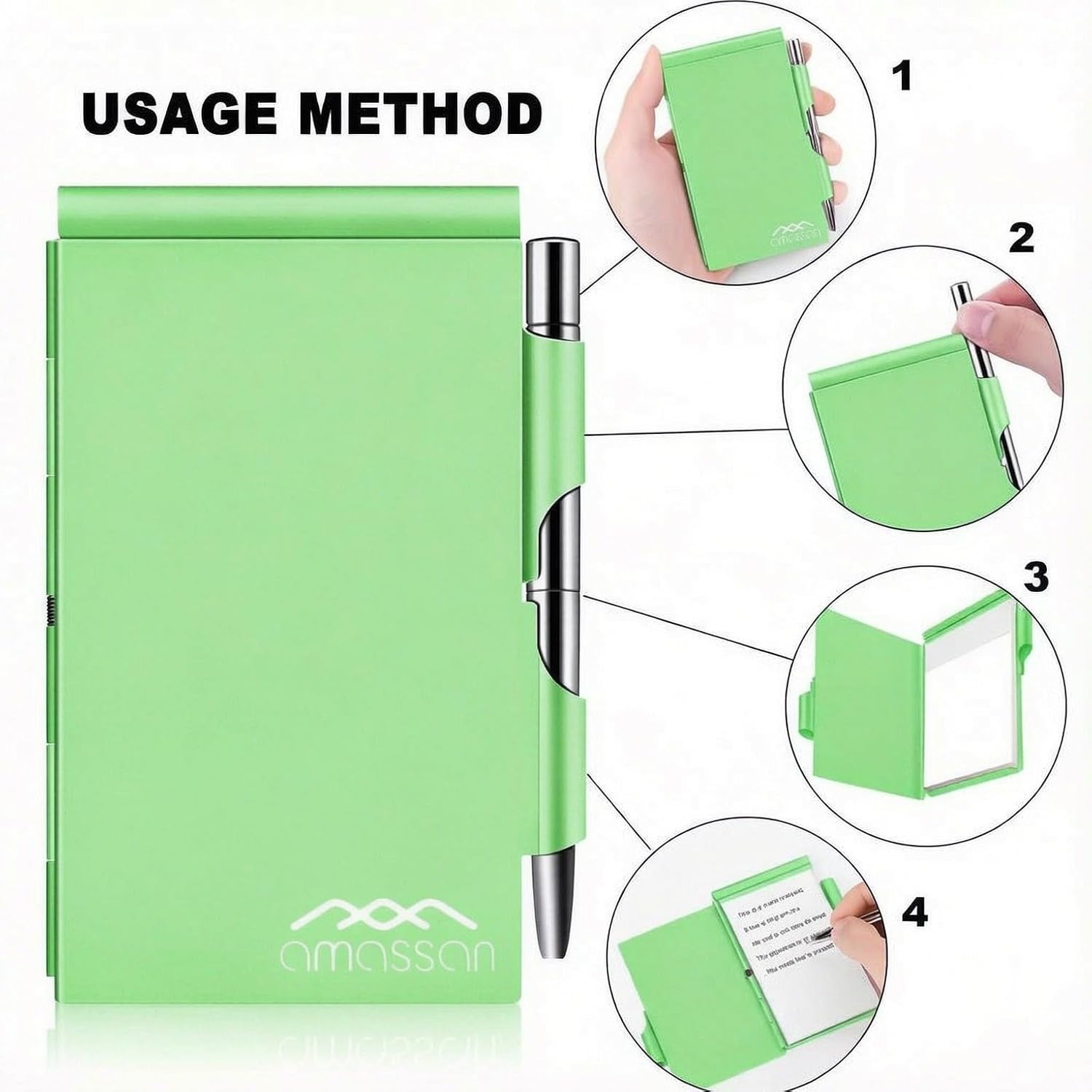 amassan Metal Small Pocket Notebook with Pen, 60 Sheets, Green image 5