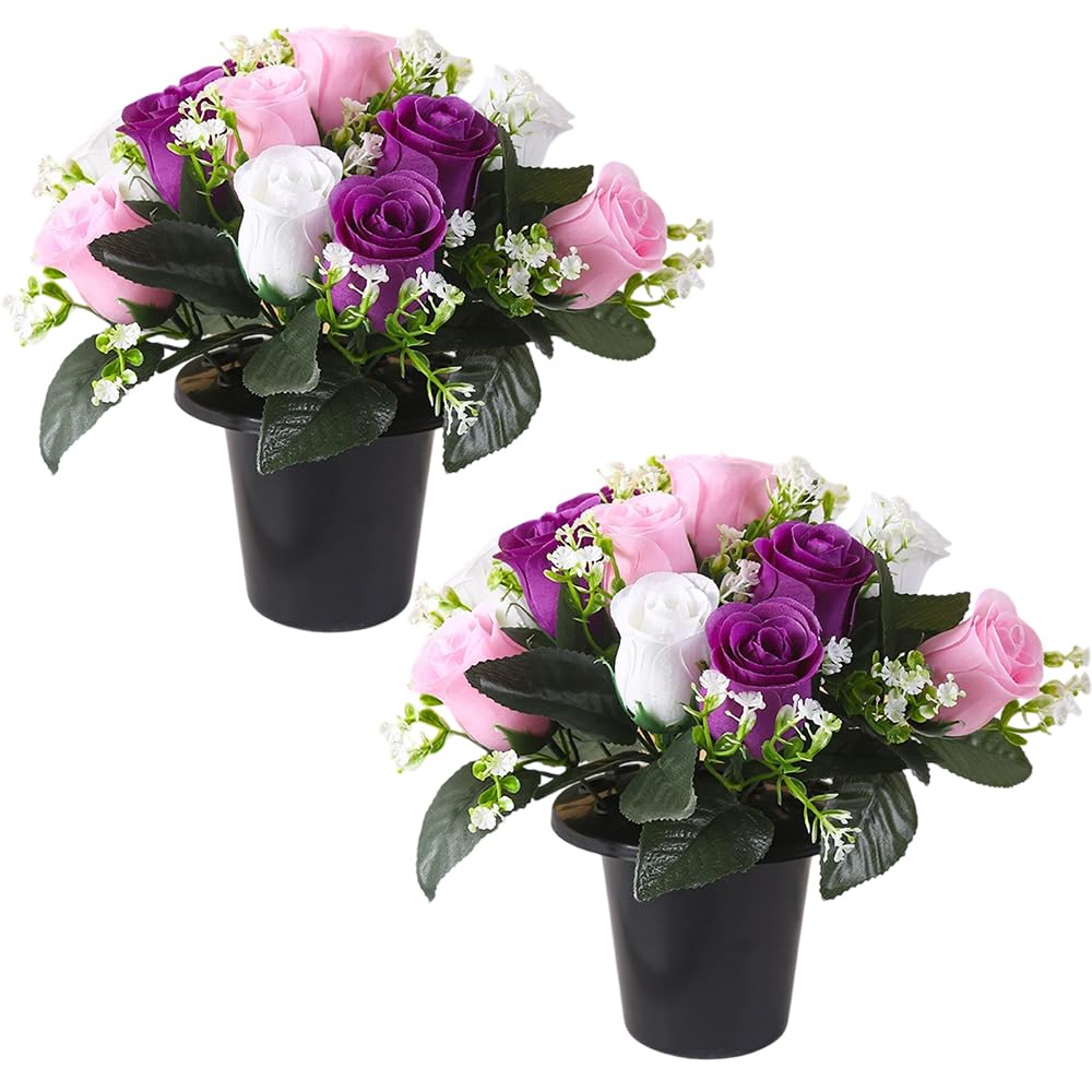 HIULLEN 2 Pcs Artificial Flowers for Graves, Artificial Grave Flowers Pots, 25cm Silk Flowers for Graves, 12 Head Memorial Cemetery Flower for Graveside Home Autumn Decor (Purple)