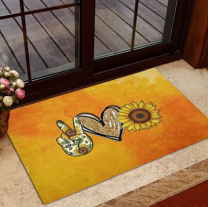 Front Door Mats Hippy Love and Peace Sign Sunflower Doormat 30" X 18" Welcome Door Mats Entrance Floor Mat Funny Bathroom Rugs Non-Slip Resist Dirt Area Rugs Carpet for Home/Porch/Indoor/Outdoor