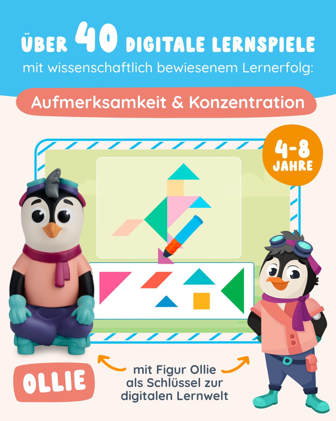 Edurino Figur Ollie Aufmerksamkeit & Konzentration ab 4 Jahren inkl. App | Innovatives und digitales Lernspiel | Aufmerksamkeit aufrechterhalten | Zuhören & Beobachten | Konzentration & Gehirntraining
