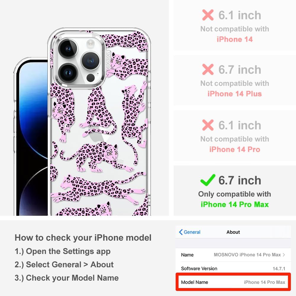MOSNOVO Case for iPhone 14 Pro Max, [Buffertech 6.6ft Military-Grade Drop Protection] [Anti Peel Off Tech] Clear TPU Bumper Phone Case Cover Design - Pink Leopard