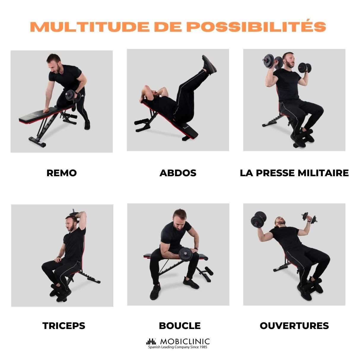 Mobiclinic® Fitness, Banc de musculation, Pliable, Supporte 200kg, Inclinable, Réglable, FlexFit, Multifonction, Banc de musculation, Entraînement complet du corps, FlexFit, Solide et stable, Home Gym