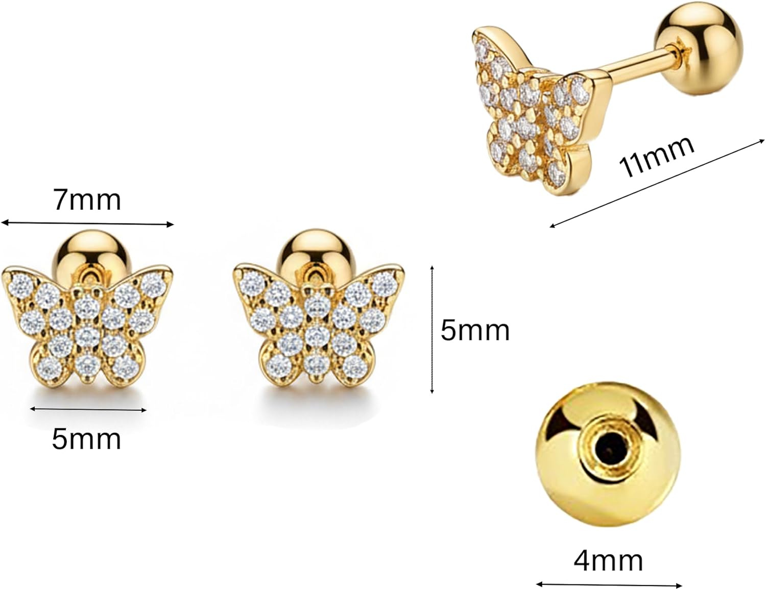 14K Gold Plated Butterfly Stud Earrings for Women Small Hypoallergenic Cubic Zirconia Earrings Trendy Dainty Cute Screw Back Ear Studs Minimalist Everyday Wear - Image 3