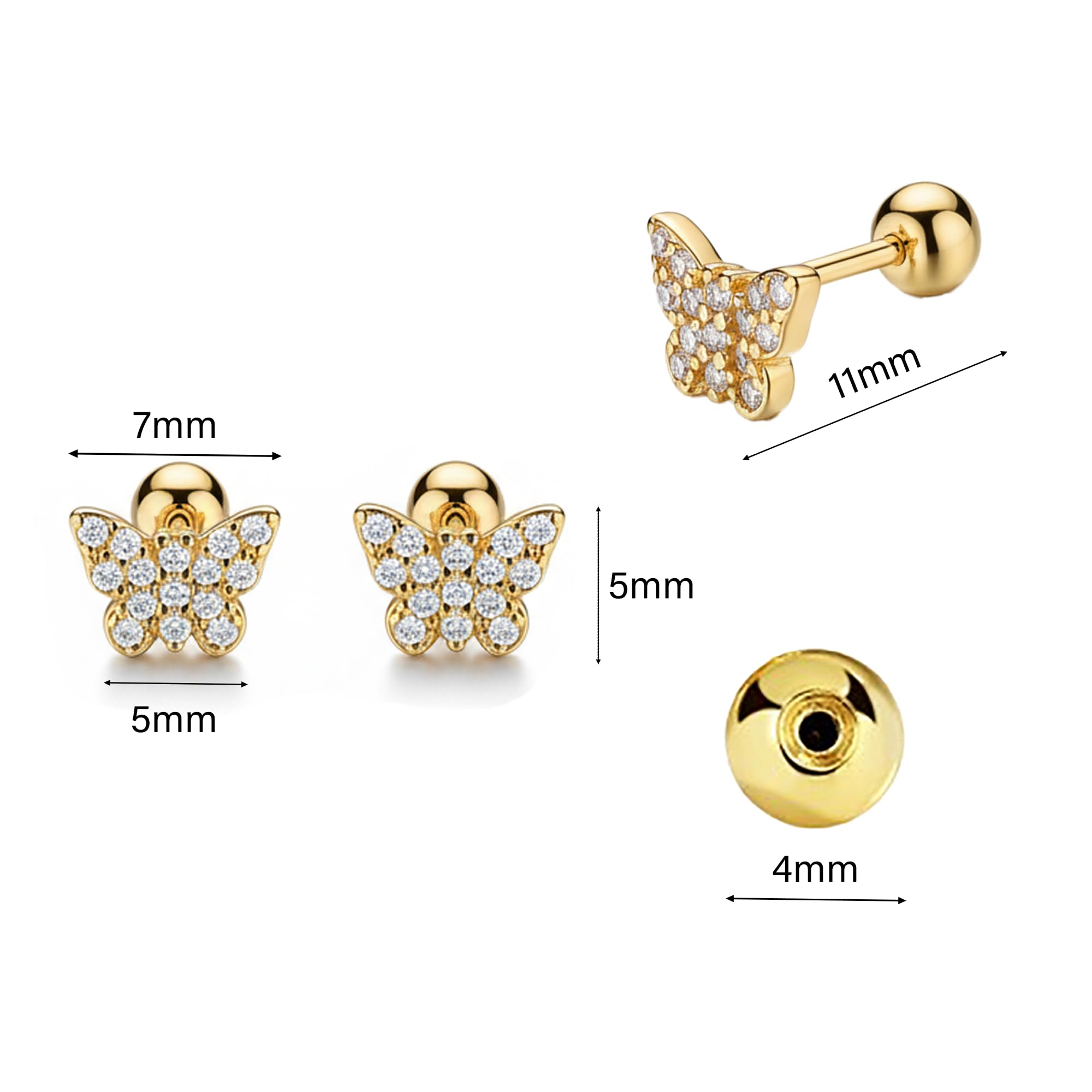 14K Gold Plated Butterfly Stud Earrings for Women Small Hypoallergenic Cubic Zirconia Earrings Trendy Dainty Cute Screw Back Ear Studs Minimalist Everyday Wear