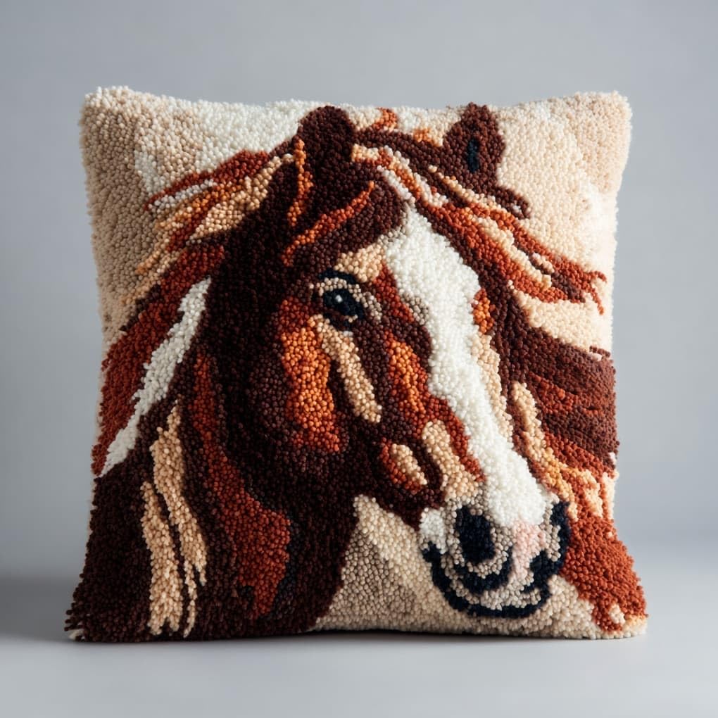 WallustrioaW Latch Hook Cushion kit 43x43cm,Animal Horse