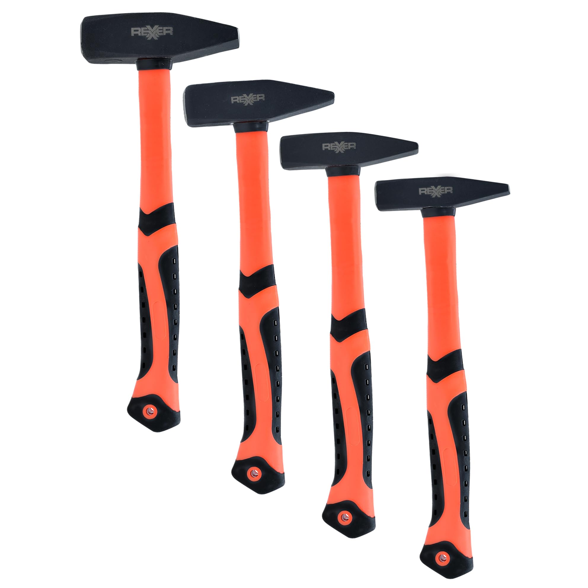 REXXER Schlosserhammer Set 4-teilig (300 g, 500 g, 800 g, 1000 g) – Hammer Set mit Fiberglasstiel & rutschfestem Griff – DIN1041 Stahlkopf – Werkzeug für Werkstatt, Bau, Montage & Haushalt