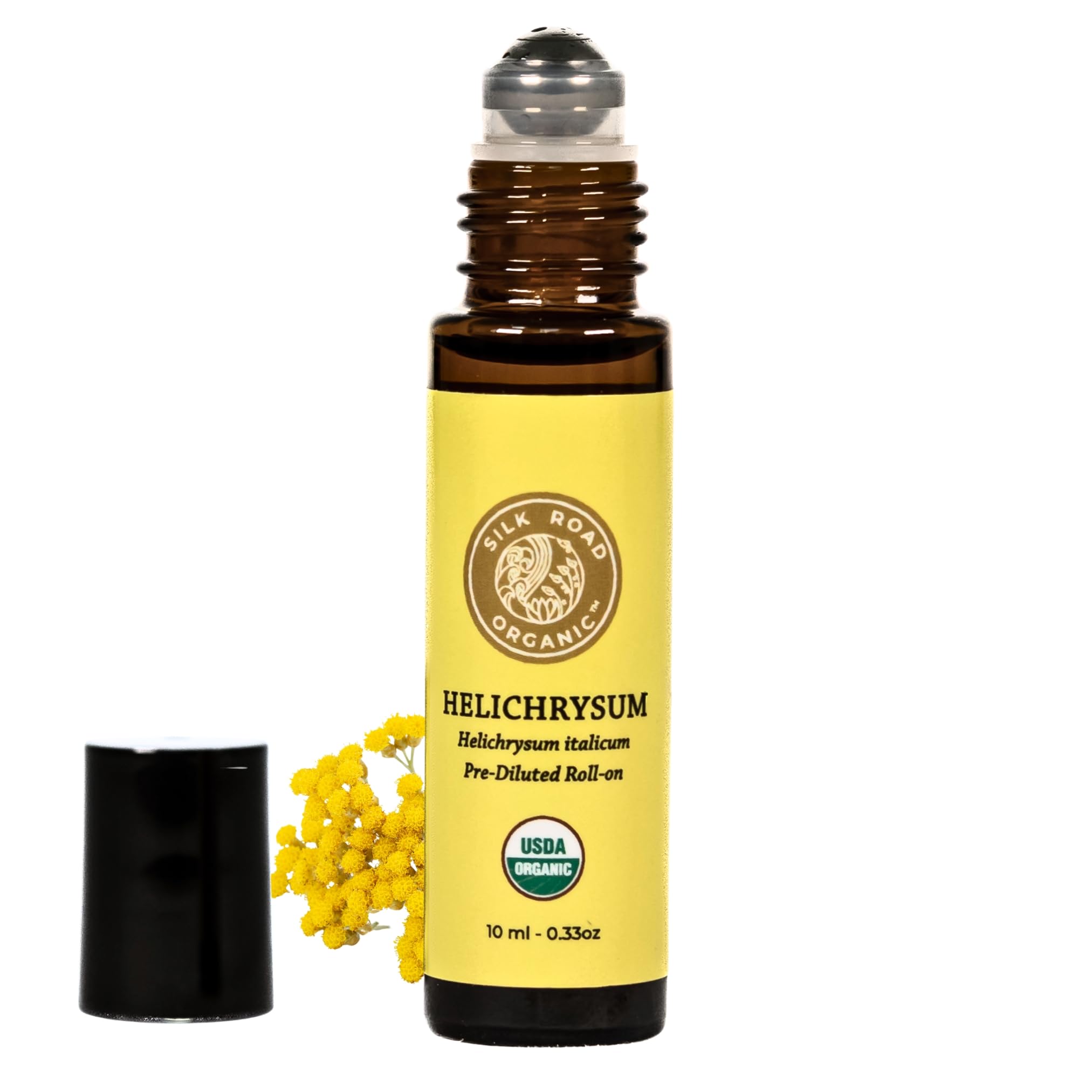 Silk Road Organic Helichrysum Italicum Essential Oil Roll On, USDA Certified, for Skin Vitality & Anti-Aging - 10 ml Aromatherapy Roller - Always Pure, Always Organic