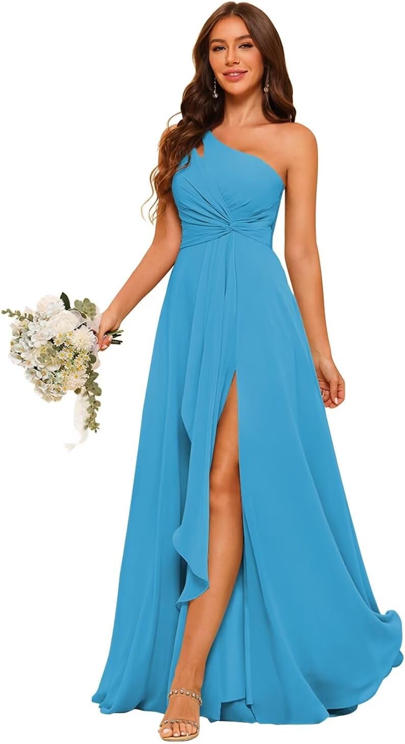 Chiffon One Shoulder Pleated Bodice Long A Line Bridesmaid Dress