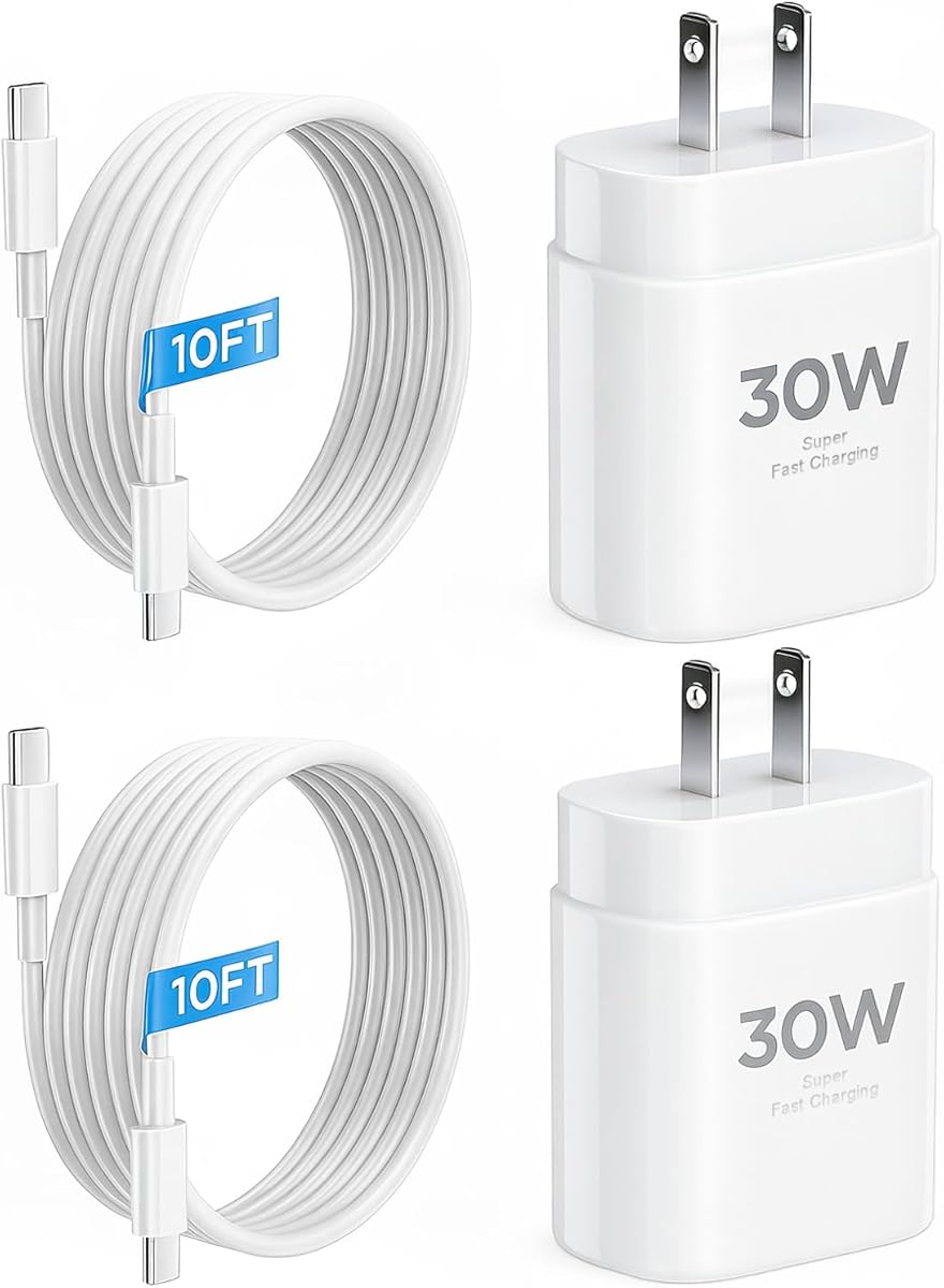 iPhone 17 16 15 Charger Fast Charging 10FT Cable, 30W USB C Charger Block for i Phone 15 16 16e 17 Air Plus Pro Max/iPad Pro/AirPods, PD USBC Power Adapter Wall Plug & Type C to C Cord, 2 Pack