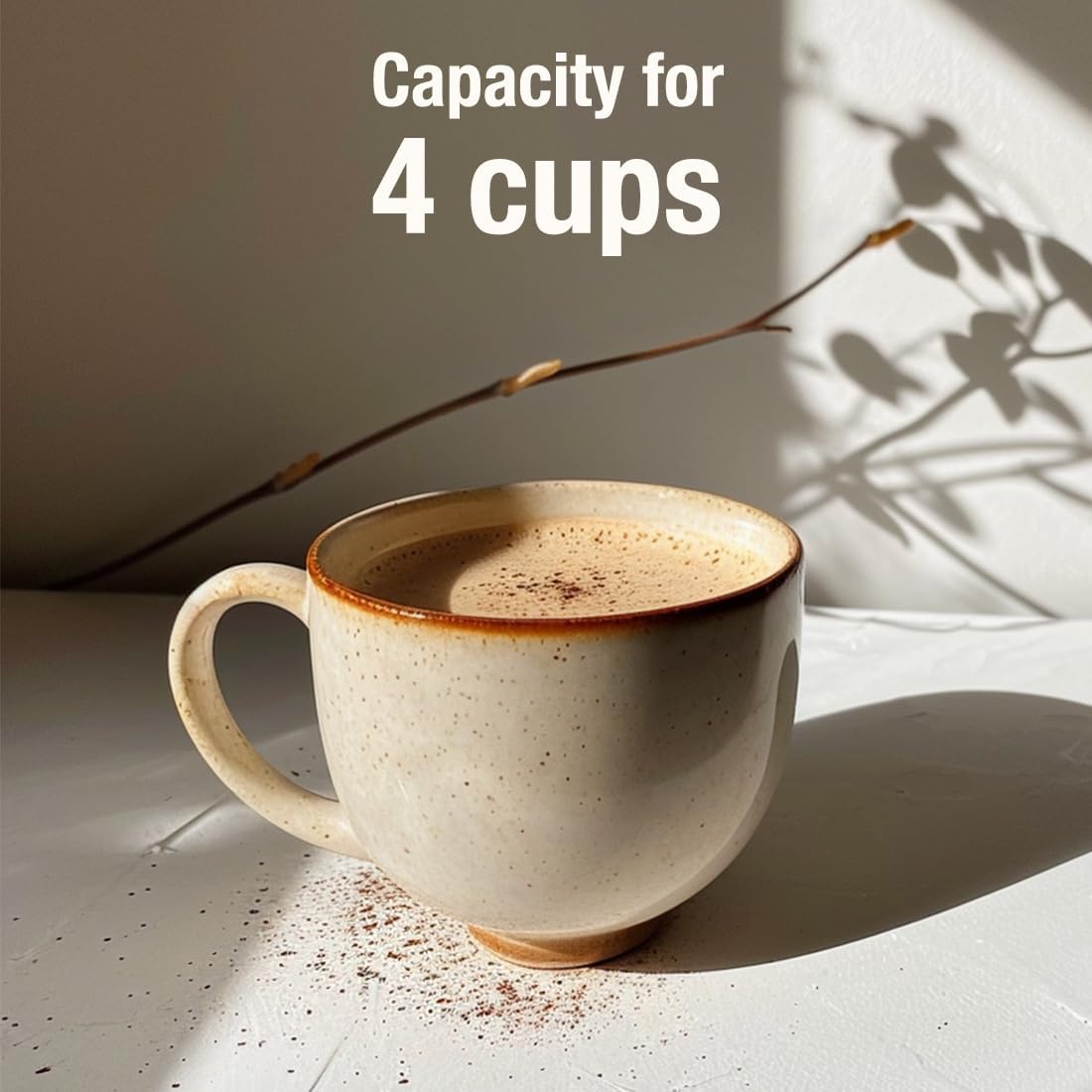 A single cup of coffee with foam, representing the 4-cup capacity of the Koblenz CKM-650 EIN Espresso and Cappuccino Machine.