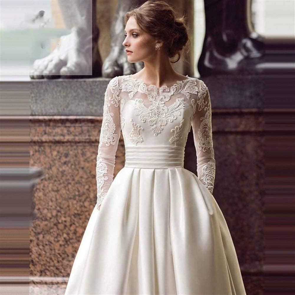 Robe de mariée à Manches Longues en Satin avec traîne et Appliques en Dentelle Blanche/Ivoire, Blanc, Plus52