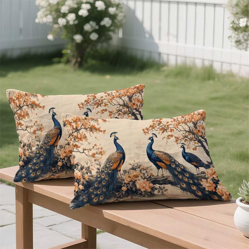 Housse coussin extérieur paon imperméable 60x80 en lin bleu - 3