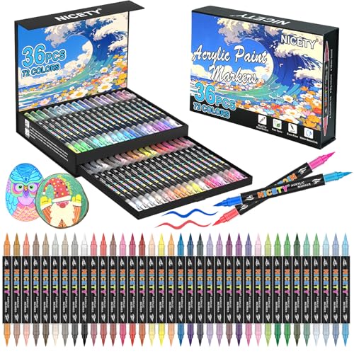 NICETY 72 Cores marcadores acrílicos, 36 marcadores de ponta pincel para pintar sobre pedra, madeira, vidro, cerâmica - marcadores de água dupla