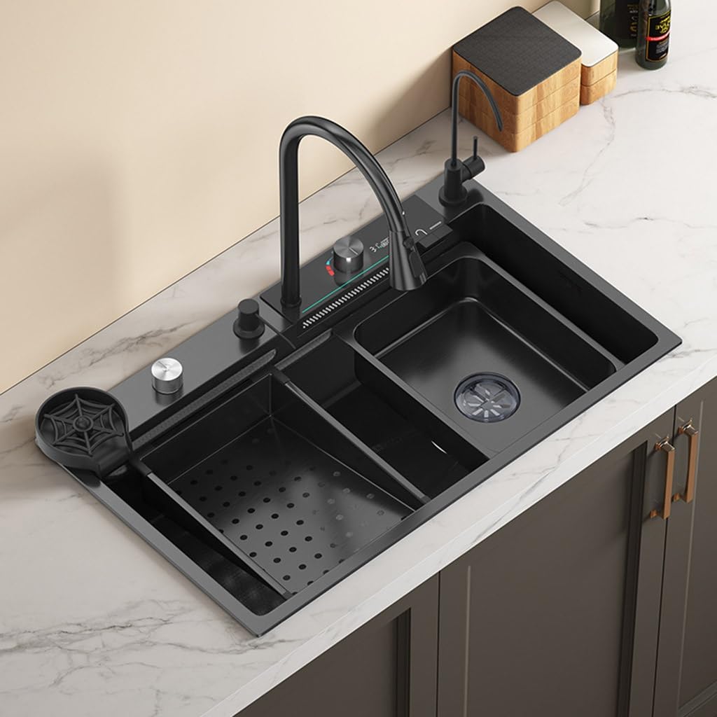 Singola ciotola sifone Lavello Con Tazza Rondella Rubinetto di Scarico Cestino di Scarico Grandi Dimensioni Singola Ciotola Lavello In Acciaio Inox Cascata Digitale Fumo Cucina Incorporato