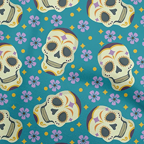 oneOone Cotton Cambric Turquoise Blue Fabric Skull Dress Material Fabric Print Fabric By The Yard 42 Inch Wide-aB