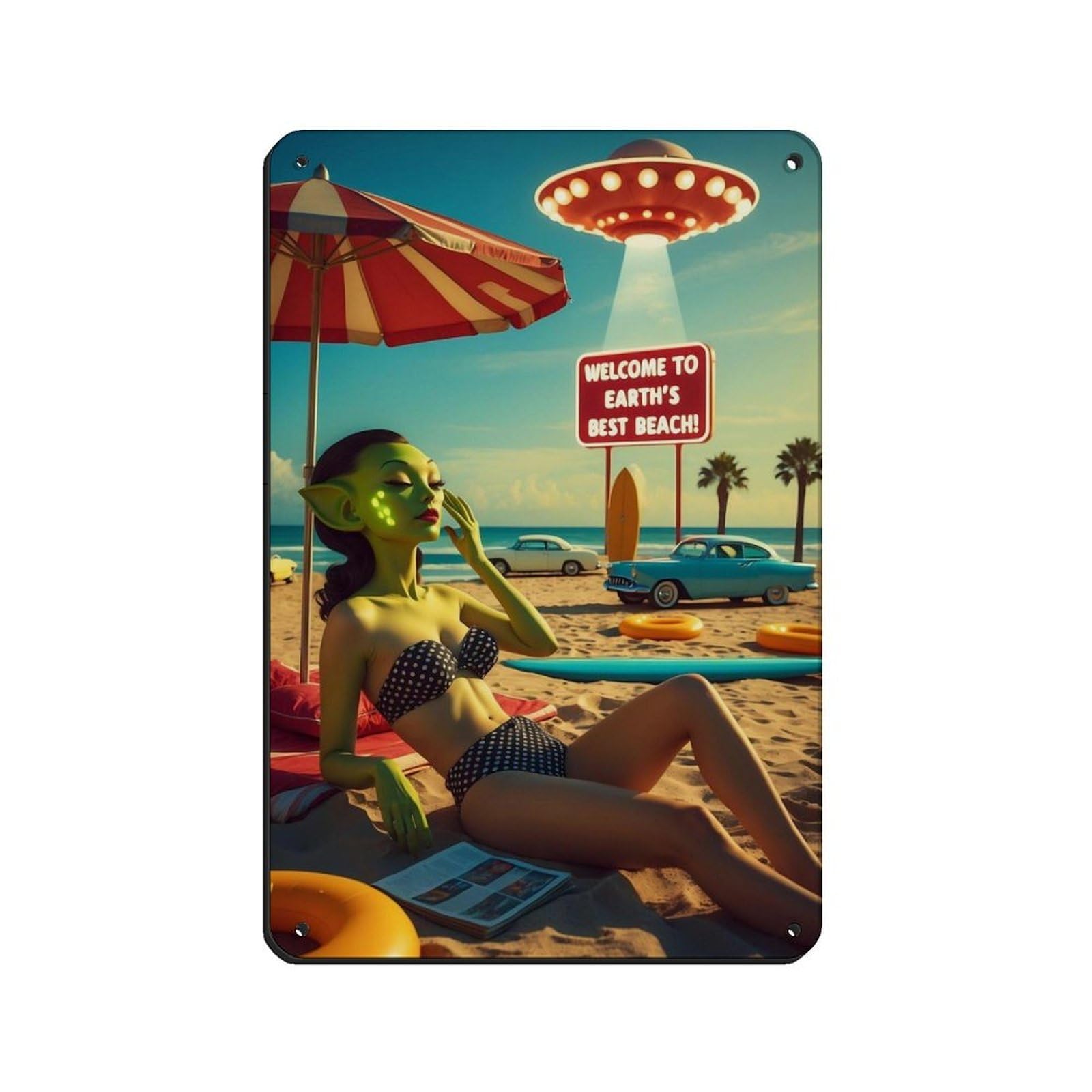 Vintage Alien Beach Scene Tin Sign Vintage Metal Pub Club Cafe Bar Home Wall Art Decoration Poster Retro 8x12inch(20x30cm)
