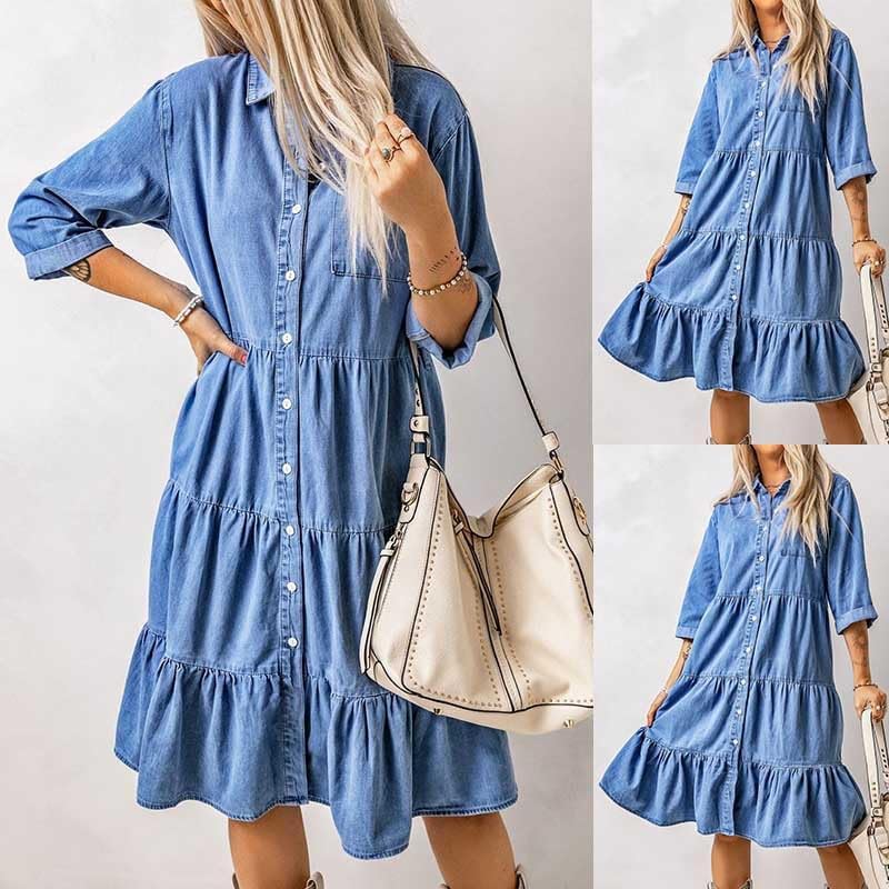 utcoco Womens Button Down Denim Dress Casual Loose Fit Cuffed Sleeve Ruffled Jean Dresses for Women 2025(no Belt) - Image 4