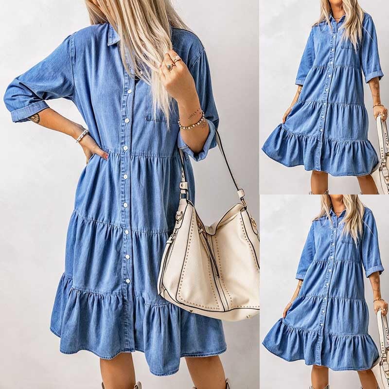 utcoco Womens Button Down Denim Dress Casual Loose Fit Cuffed Sleeve Ruffled Jean Dresses for Women 2025(no Belt)3