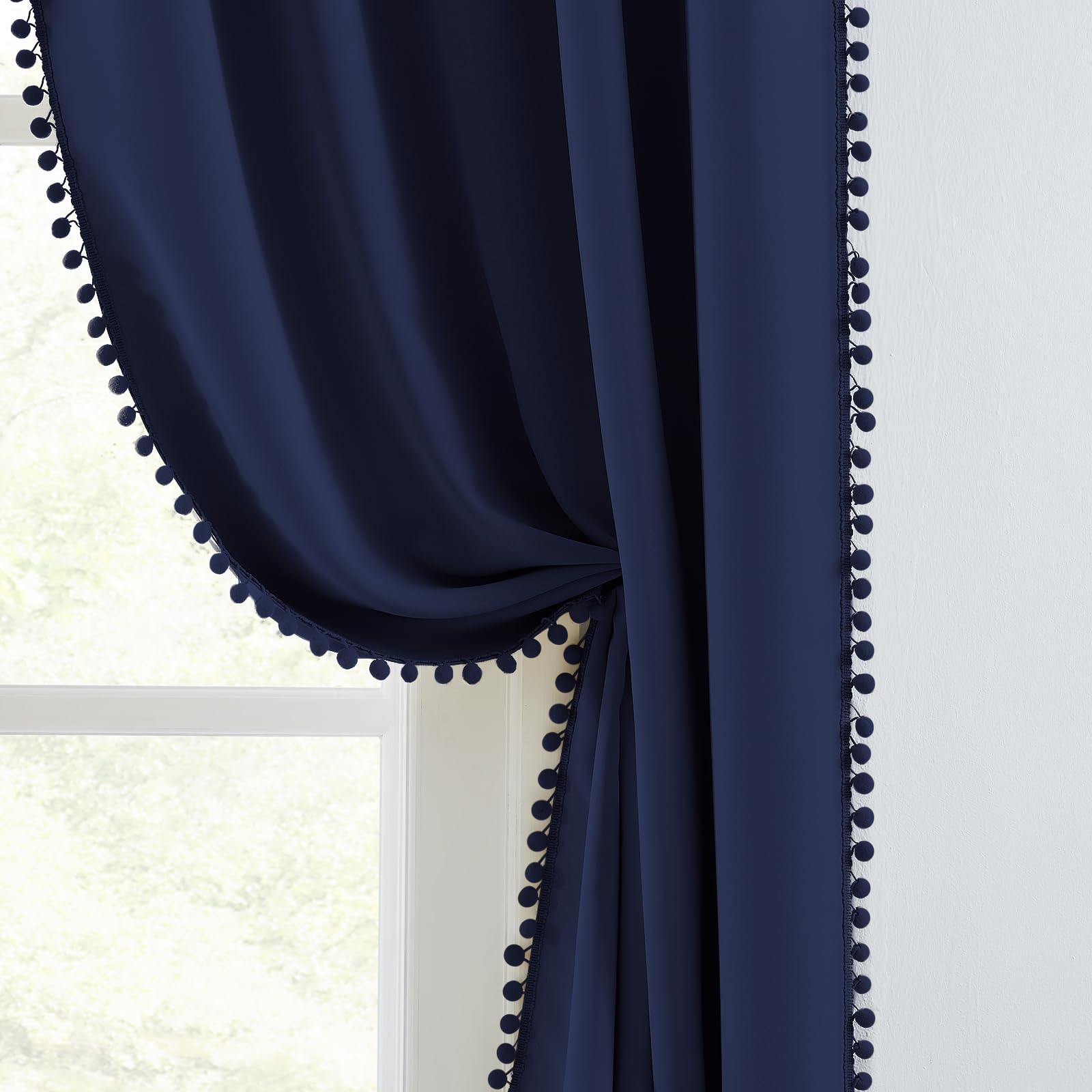 Melodieux Navy Blue Pom Pom Blackout Curtains for Living Room, Kids Bedroom Elegant Boho Curtains 2 Panels, Cotton Textured Light Blocking Window Drapes for Boys Girls Nursery Rod Pocket, 52"W x 96"L