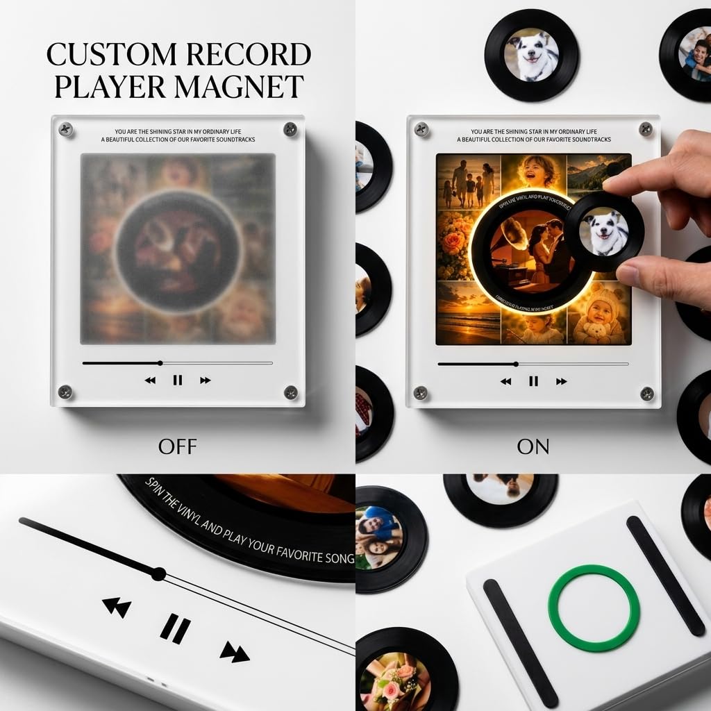 Musik Kühlschrankmagnet mit 9 Vinyl Schallplatten, Fotomagnet mit LED Licht