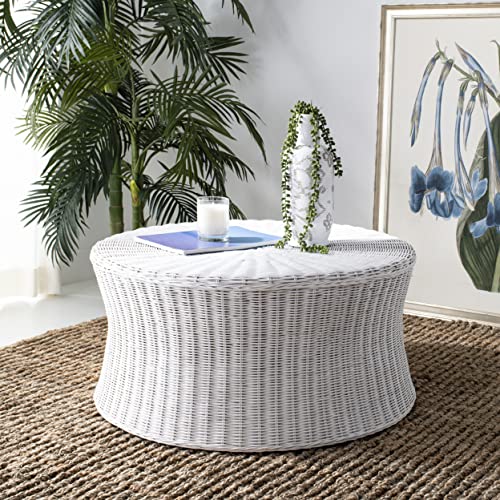 Safavieh Home Collection Ruxton White Rattan Round Coffee Table Ottoman #TOP1