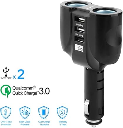 Rocketek QC 3.0 cargador de coche USB con adaptador de encendedor de cigarrillos de coche de 2-Socket y 3 puertos de carga USB para tabletas, GPS, reproductores de MP3 etc - Fusible incorporado de 10A