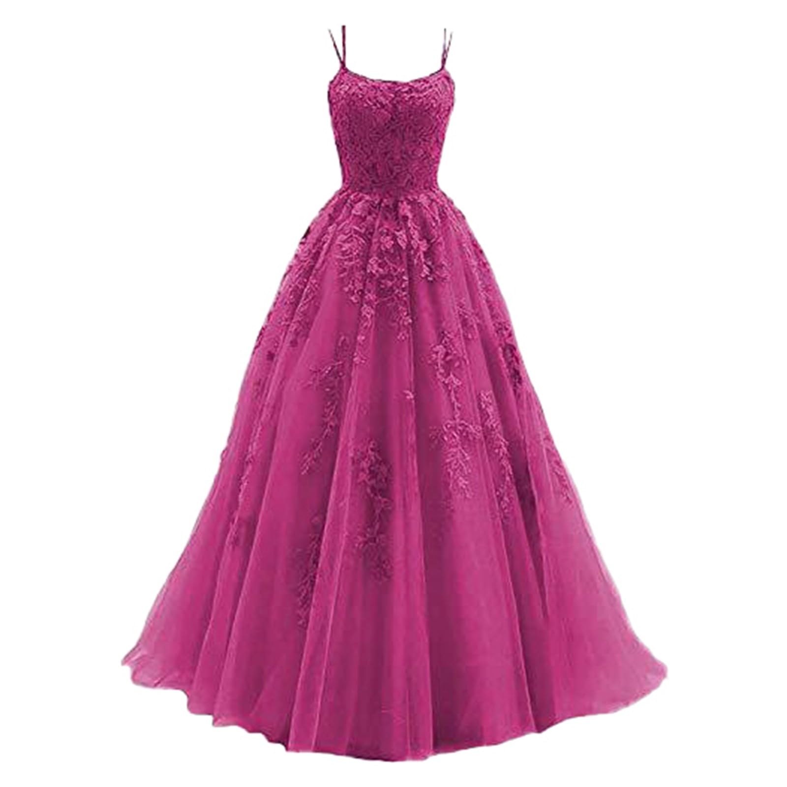 Vestido de Largo con Apliques de Encaje y Tul con Tirantes para Mujer