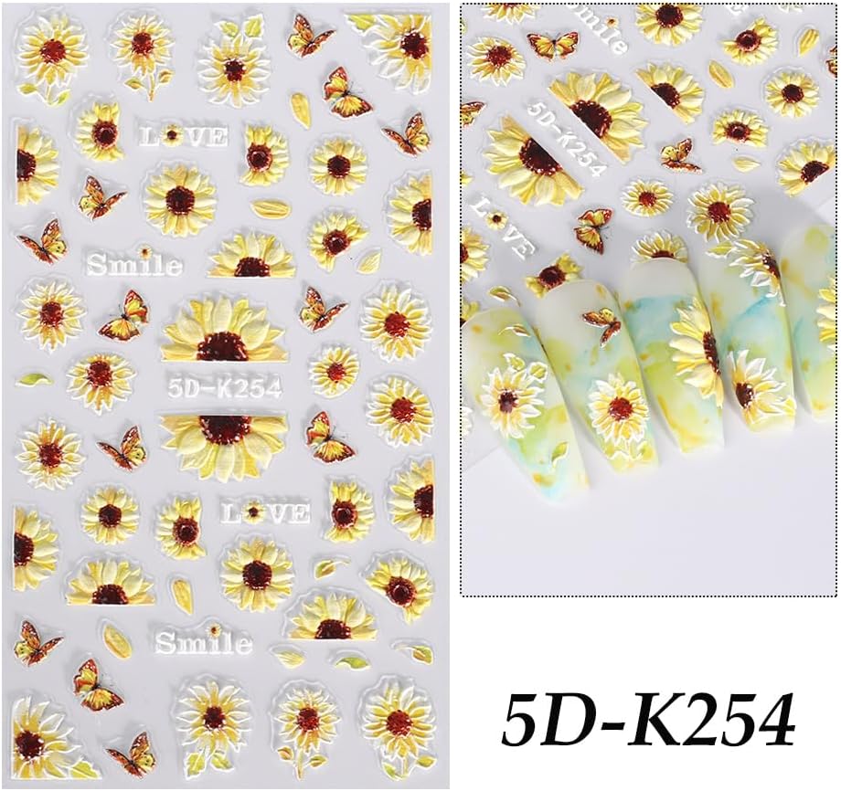 Miniatura 3 de Calcomanías de arte de uñas en relieve 5D, girasoles, calcomanías autoadhesivas con diseño de flores, decoración de uñas acrílicas para mujeresniñas