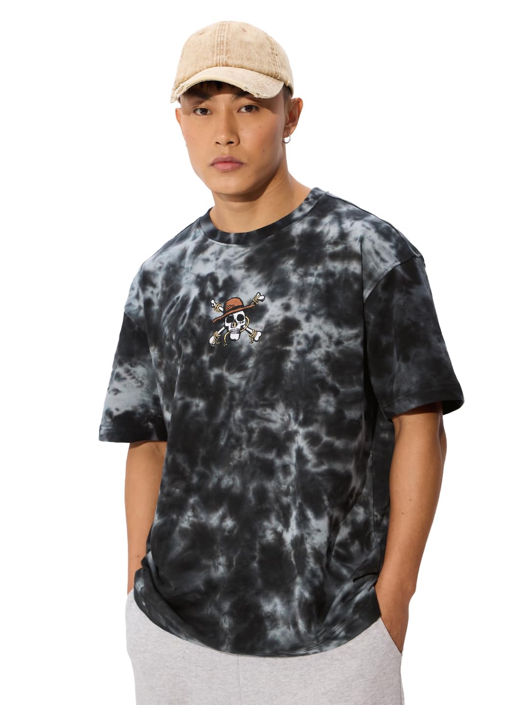 One Piece: Pirates Men and Boys Short Sleeves Round Neck Grey Tie Dye Cotton Oversized T-Shirts-image-47