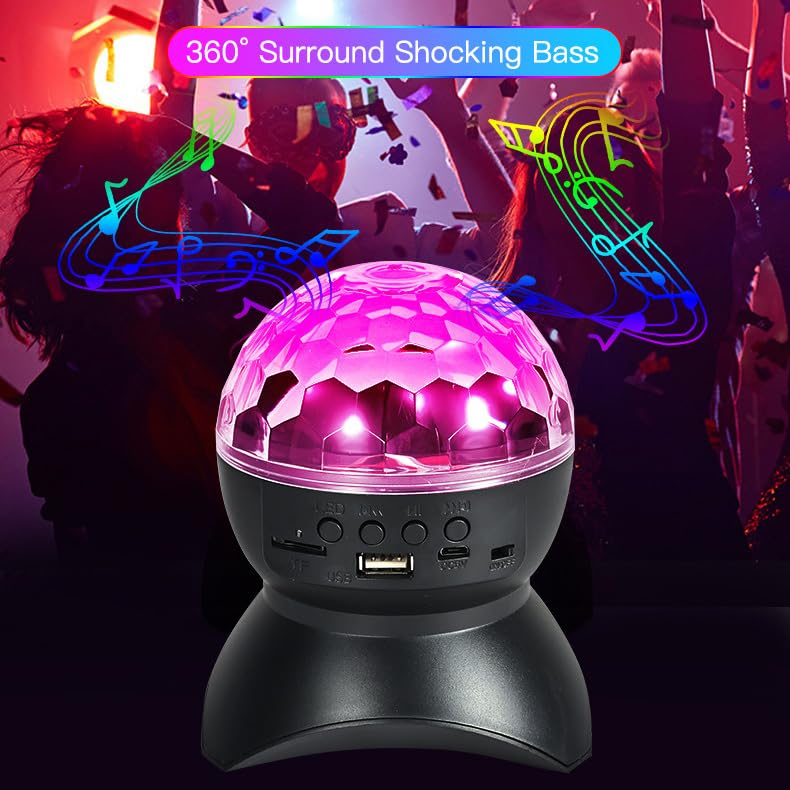 Disco Ball Light, LED Party Lights with Bluetooth Speaker RGB Stage Lights, Portable Crystal DJ Strobe Light for Xmas KTV Club Pub Show Home Theater (Black)