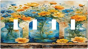 Decorative Switch Covers Plate Rustic Yellow Flowers Floral Blue Bottles 4 Gang Wall Plate Oversized Quad Toggle Light Switch Plate Jumbo Faceplate for Country Bedroom Home Decor