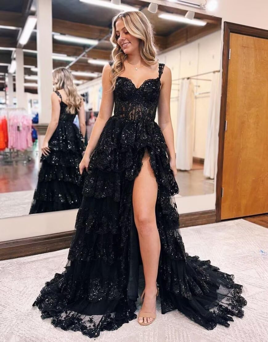 Wchecalino Sparkly Tiered Lace Tulle Prom Dresses Long 2026 Spaghetti Straps Formal Corset Evening Gown with Slit - Image 4