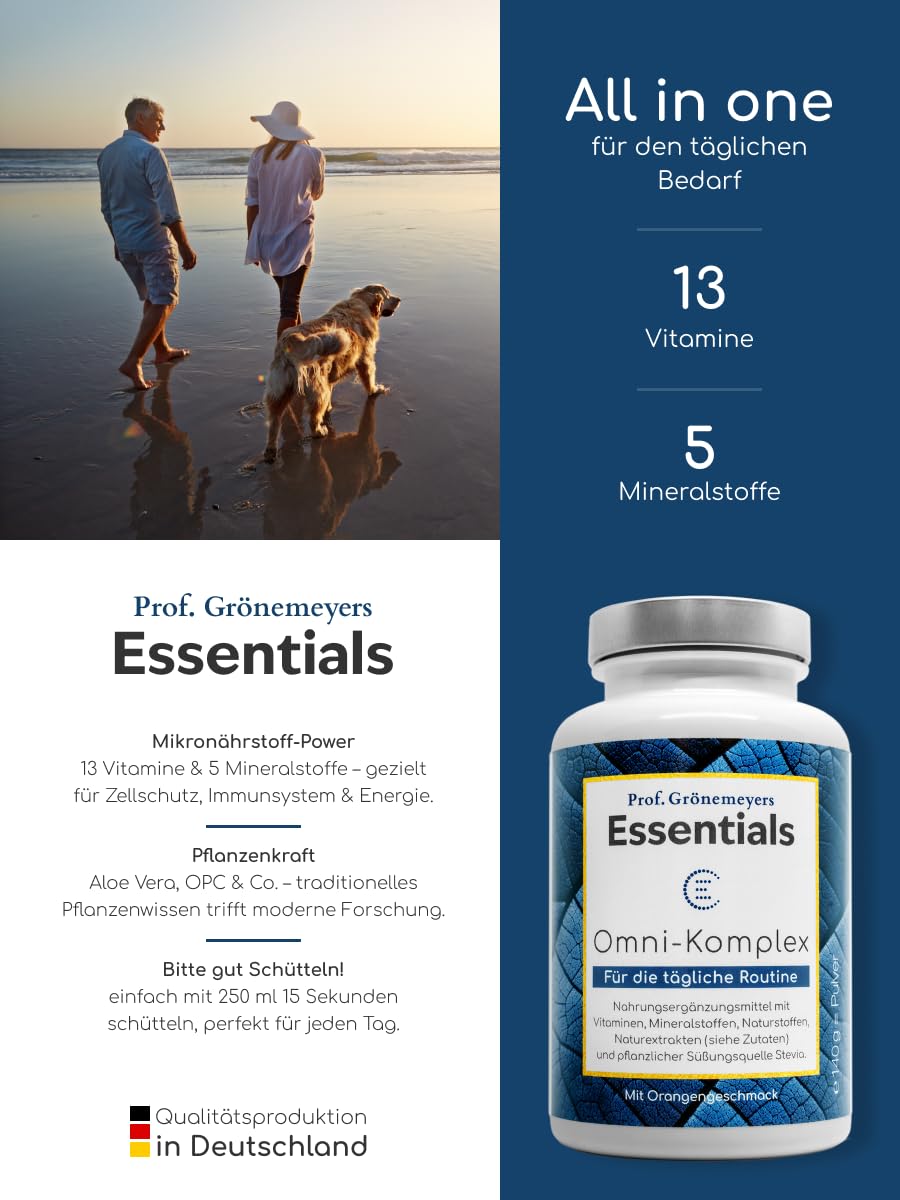 Prof Grönemeyer Essentials OmniKomplex Zellschutz Komplex, 140g Trinkpulver | Zellbooster mit 13 Vitaminen, 5 Mineralstoffen, Q10, MSM & OPC, Nahrungsergänzung für Immunsystem & Energie, Made in Germany