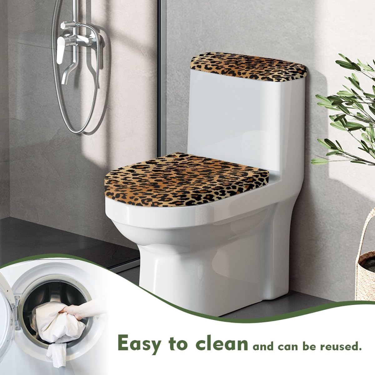 Leopard Print Toilet Lid and Tank Cover Set 2 Piece with Elastic Edge Dustproof Bathroom Decor Fit Standard and Elongated Toilet Seat Covers