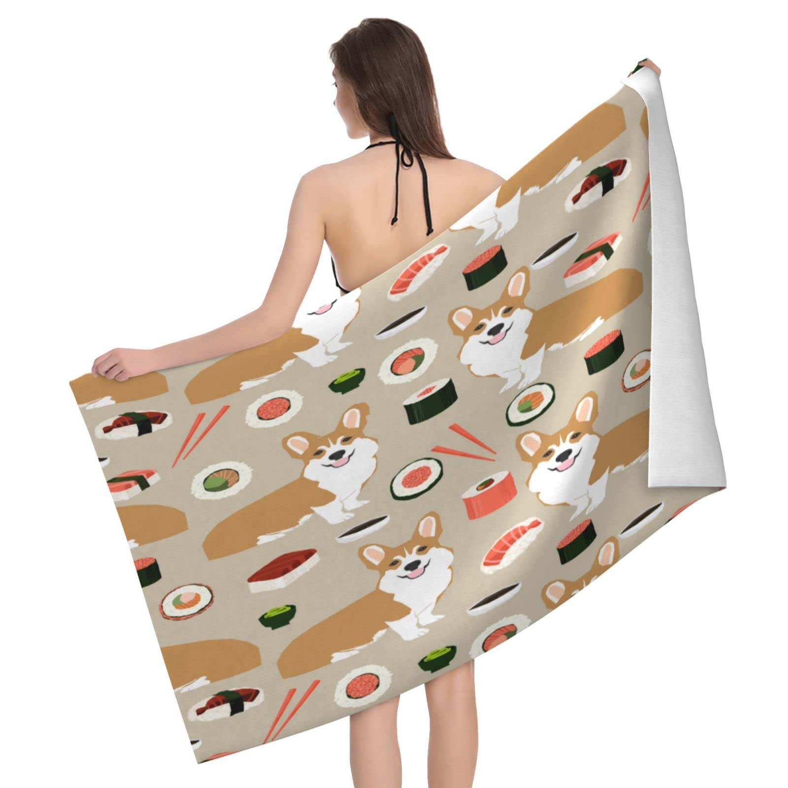 Lawenp Japanese Sushi Dog Beach Towel, Lightweight Sand Free Quick Dry Microfiber Absorbent Bath Towel for Kids, Adults, Swimming, Bath, Yoga, Pool, Travel, Camping 32"X52"
