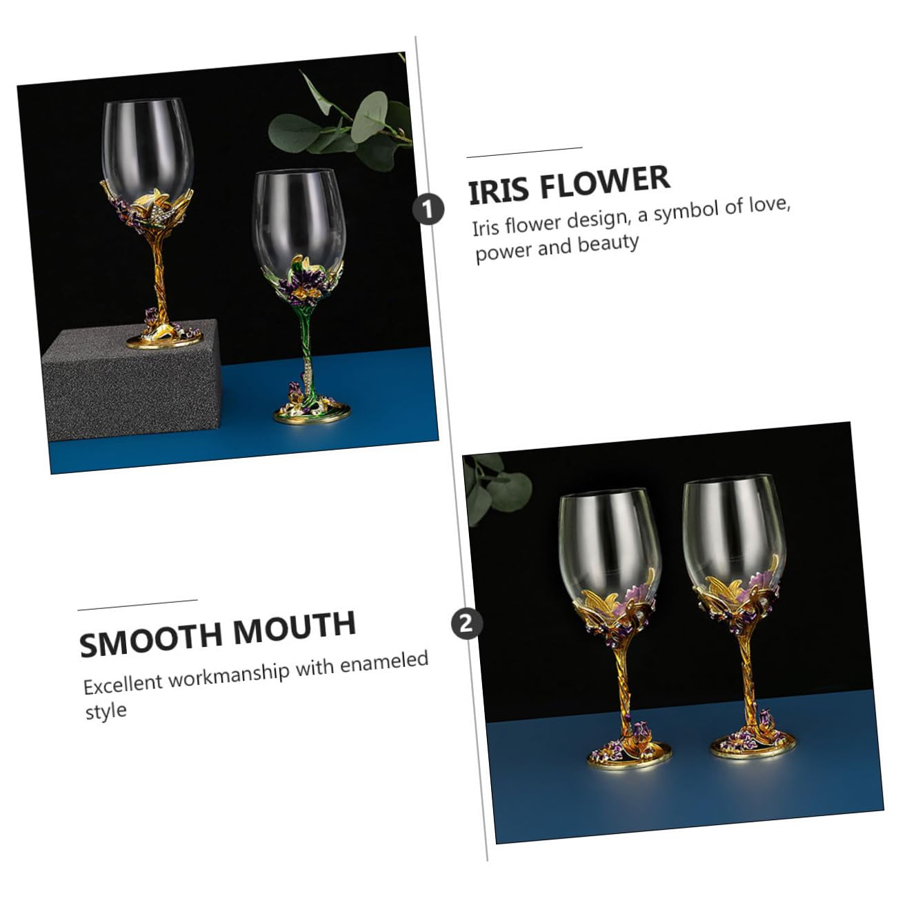 DOITOOL Copas de Vino Esmaltadas Doradas 2 Piezas Cristal Diseño de Flor Iris Copas para Whisky y Bodas Vaso Decorativo para Bar y Hogar Cristalería para Eventos y Regalos