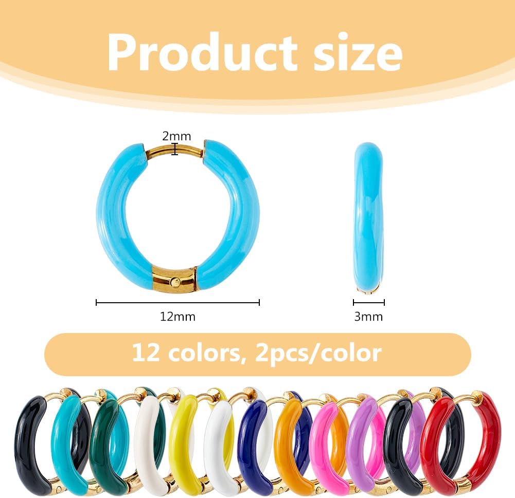 DICOSMETIC 24Pcs 12 Colors Colorful Enamel Hoop Earrings Golden Huggie Hoop Earrings 12mm Small Cute Statement Earrings Stainless Steel Earrings Set Fashion Jewelry for Women - Image 2
