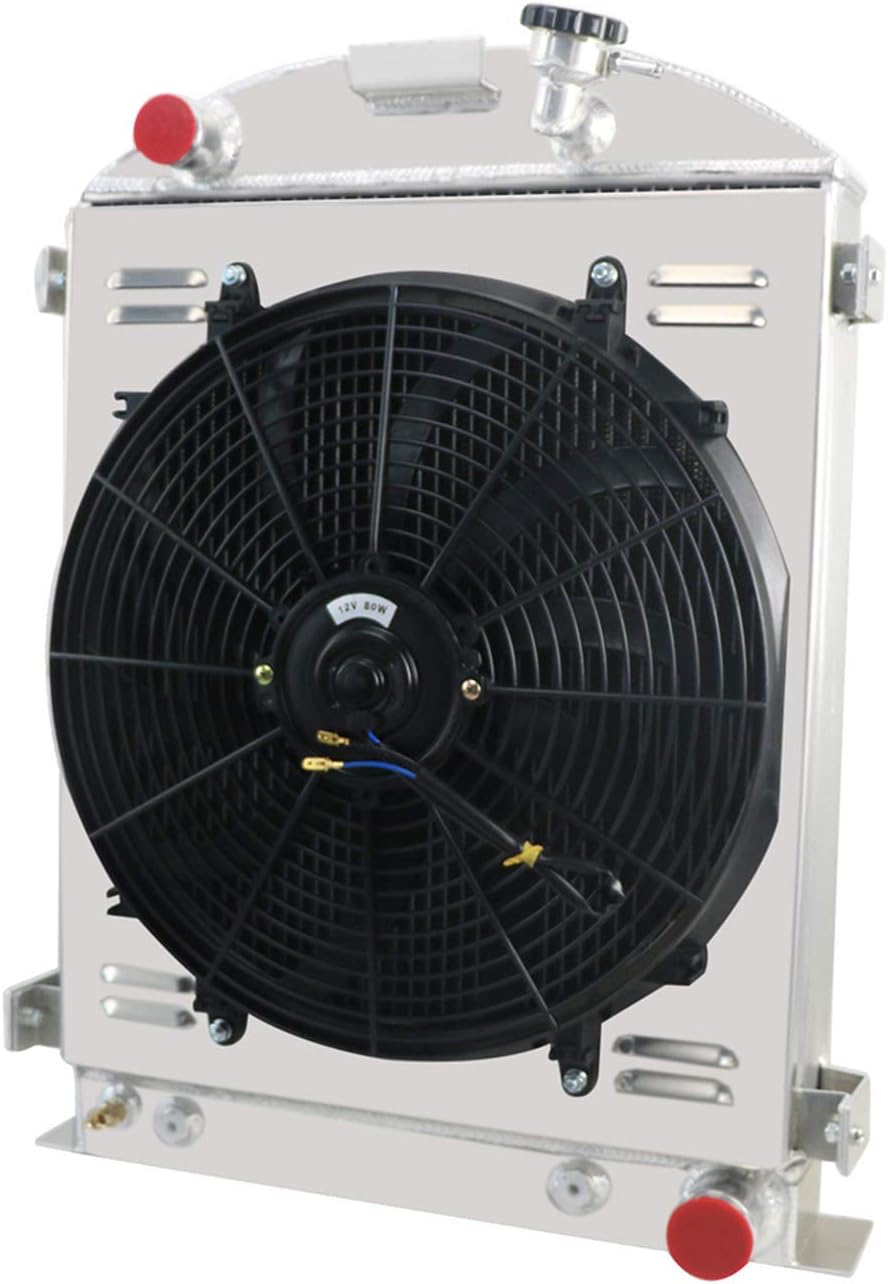 ALLOYWORKS 4 Row All Aluminum Radiator Shroud Fan For 1930-1938 Ford Model A Grill Shells Chevy Engine V8