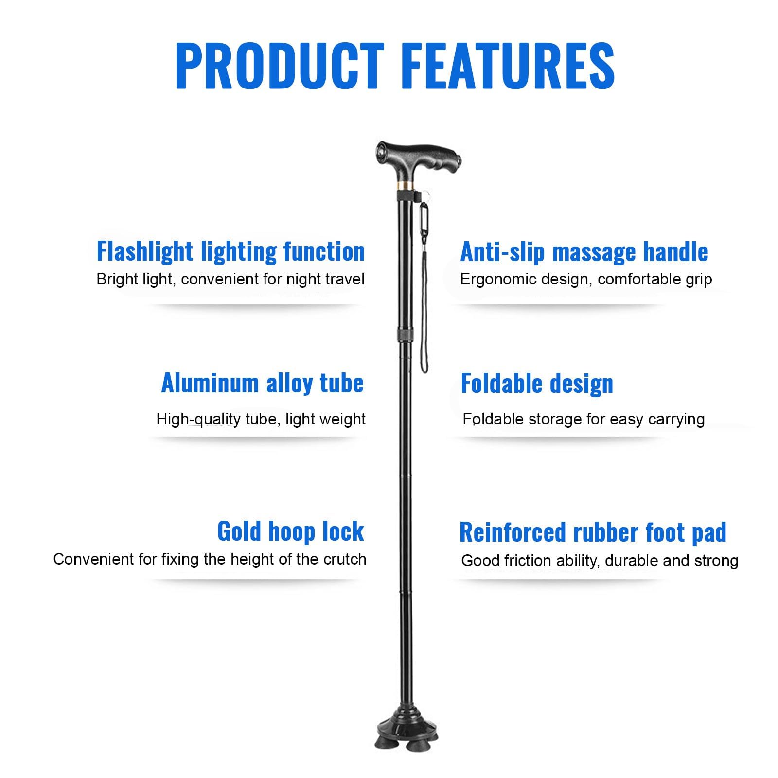 Bastón Plegable con Luz LED Ligero Portátil Bastón de Viaje 5 Niveles Altura Ajustable Base Antideslizante 4 Puntos para Hombres y Mujeres