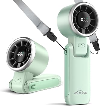 WHATOOK Portable Handheld Turbo Fan 12m/s Strong Wind 15000RPM Mini Fan, 4000mAh Battery Rechargeable Personal Fan with LED Display, 3 in 1 Foldable Small Fan for Camping Beach Travel, Mint Green
