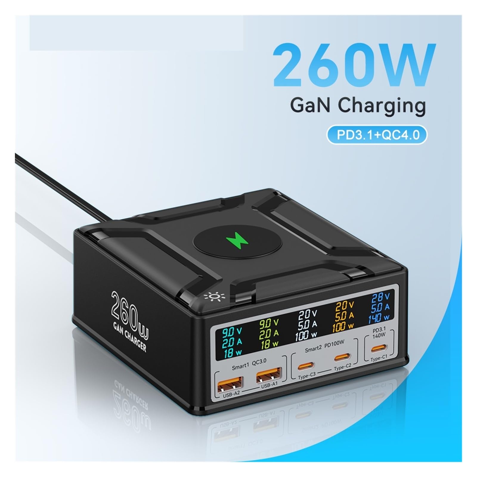 Ładowarka USB, Ładowarka USB C GaN 260 W Bezprzewodowa ładowarka PD3.1 QC3.0 Szybka ładowarka PPS 5-portowe szybkie ładowanie Wielofunkcyjne gniazdo USB