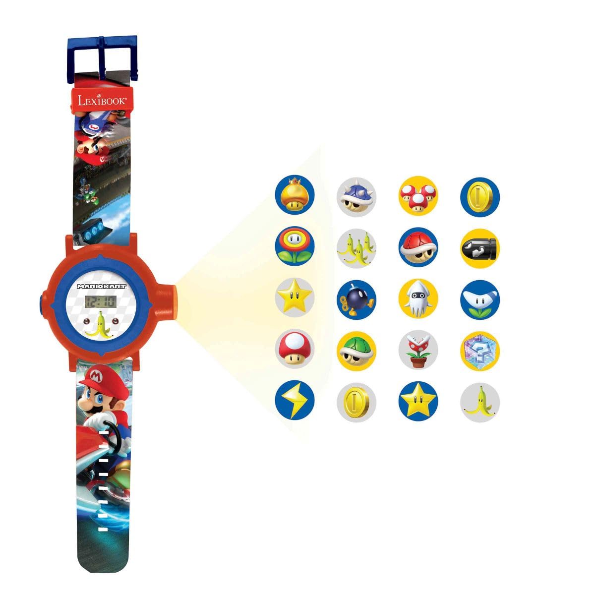 LEXIBOOK - Nintendo Mario Kart Reloj Correa Ajustable Pantalla Digital con 20 proyecciones de Mario Kart - para Niños - Rojo y Azul – DMW050NILXB