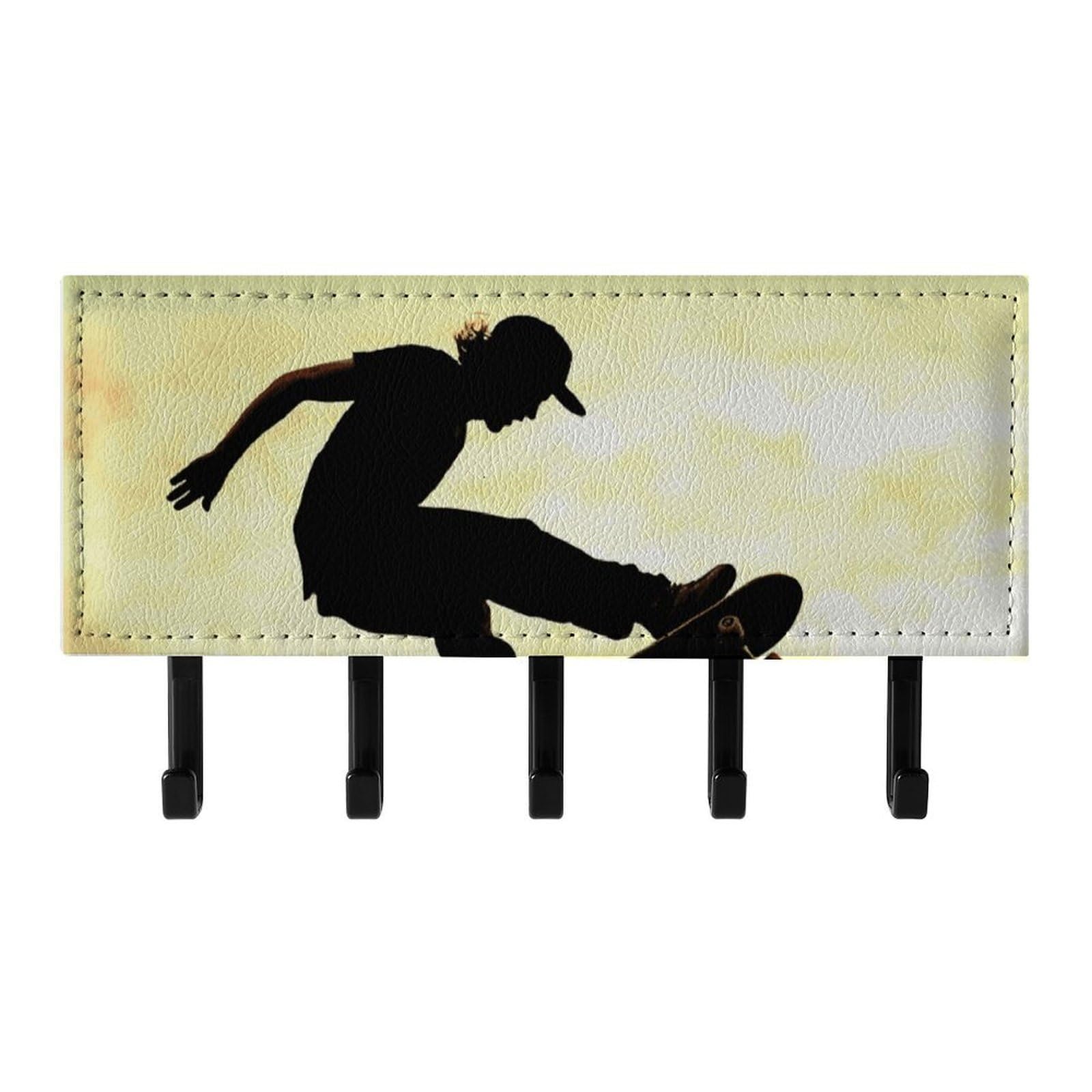 Fekiloot Black Skateboard Key Holder For Wall Adhesive, No Drilling, Key Hooks With 5 Hooks Wall Mounted, Self Adhesive Keys Rack For Entryway, Hallway, Living Room, Kitchen, Office