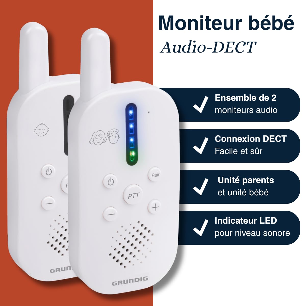 Grundig Babyphone Audio DECT - s150 m - Unité Parents-bébé - Indicateur sonore LED et Fonction réponse - Accessoires Chambre d'enfant - Blanc