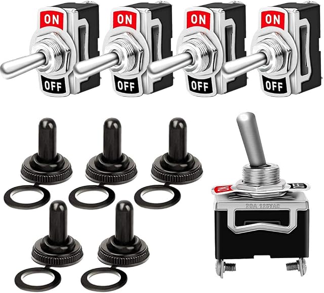 QitinDasen 5Pcs Premium Car Toggle Switch with Waterproof Cover, ON-OFF 2 Position 2 Pins SPST Auto Rocker Switch, Metal Mini Rocker Toggle Switch, for Car Truck Boat (15A 250VAC / 20A 125VAC)