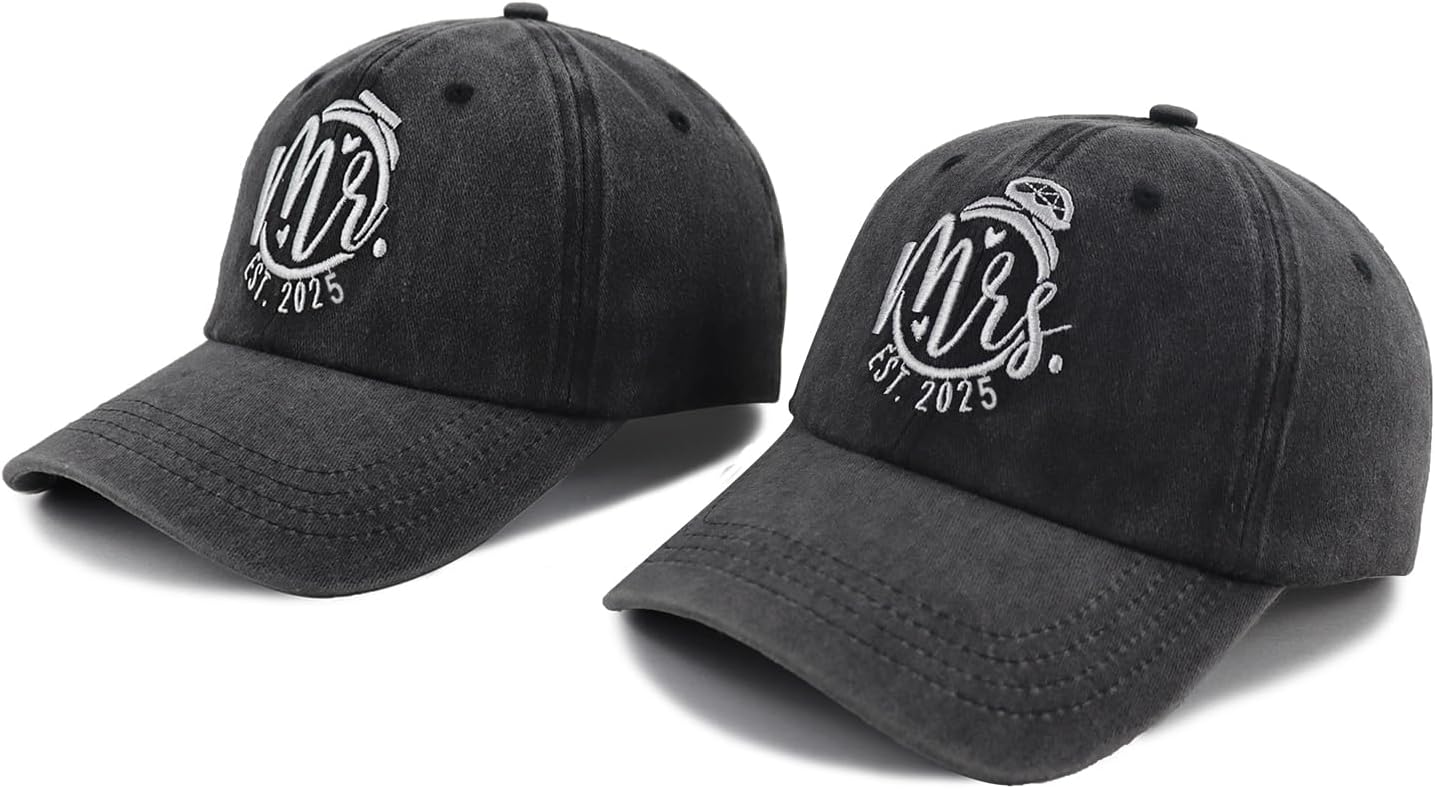 2PCS Matching Mr and Mrs EST 2025 Hats for Couple Gifts, Adjustable Cotton Vintage Embroidered Baseball Caps - Image 2