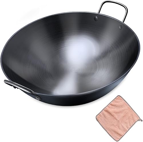 IMPREC Wok de acero negro, wok chino de hierro fundido, wok tradicional martillado a mano de acero al carbono con paños de limpieza (tamaño