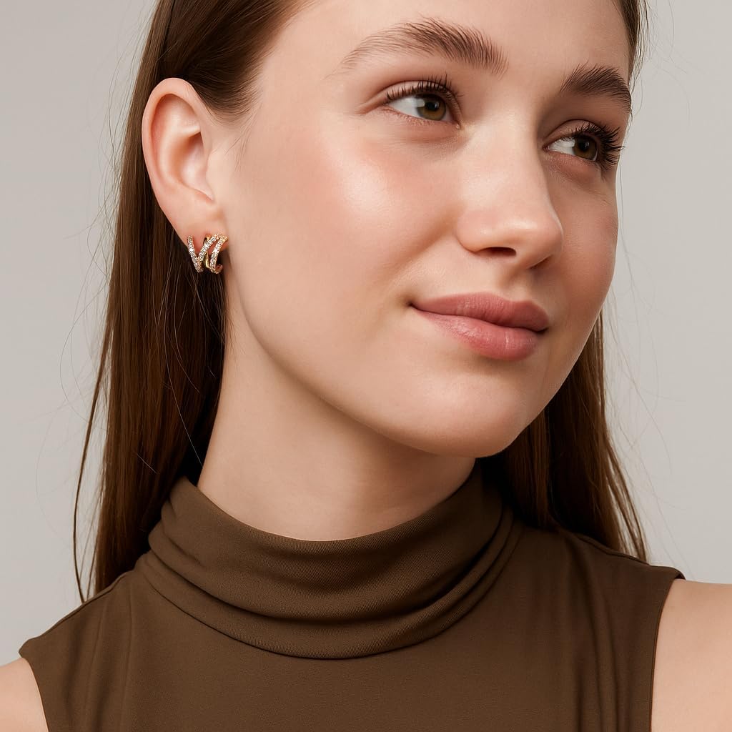 Triple Hoop Illusion Stud Earring for Women – 14K Gold Plated Unique Diamond Huggie Stud Earrings for One Piercing – Faux Multi Hoops Design, Hypoallergenic Fashion Jewelry Earrings - Image 3