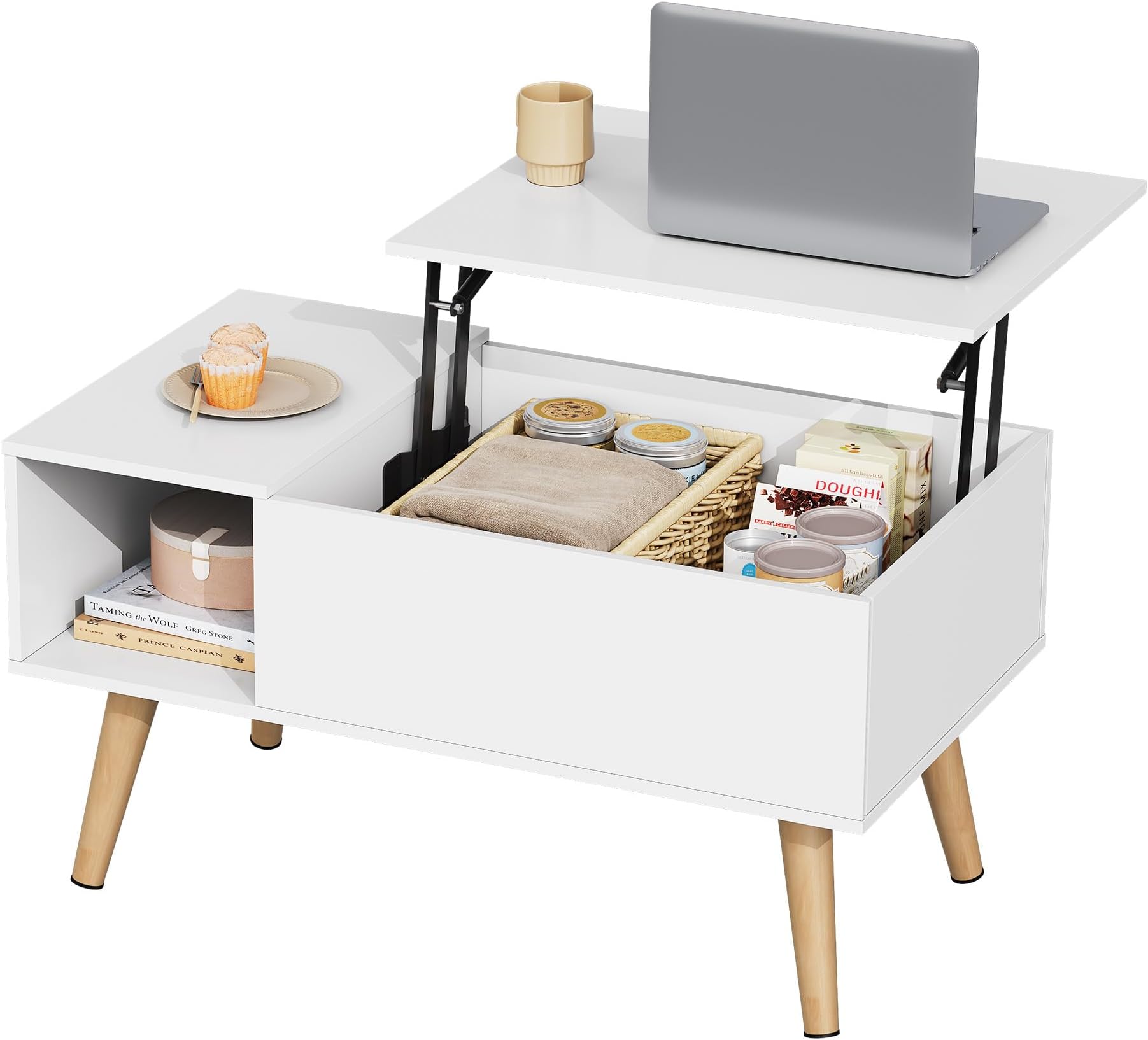 WLIVE Low Table, Elevating Type, Coffee Table, Living Table, Lifting, Center Table, Storage, Top Rising, Height Adjustment, Large Capacity, Easy Open/Close, Gas Pressure Type