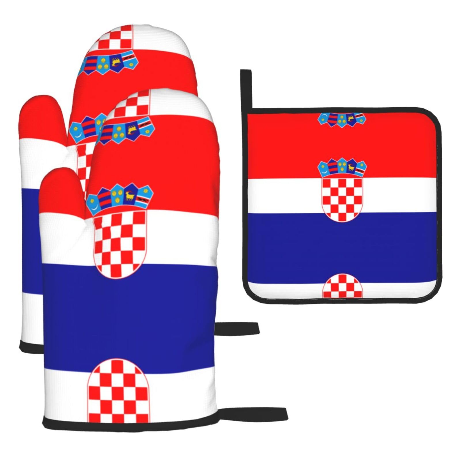 Republic of Croatia flag 3 Piece Kitchen Oven Mitt Set Heat Resistant Gloves with Pot Holder Mat Polyester Printed for Cooking Baking BBQ Grill